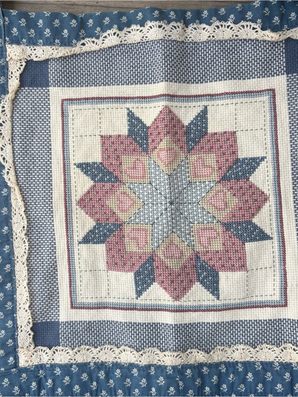 VTG Floral Apron with Cross Stitch Panel and Lace - Picture 3 of 3